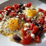 Two sunny-side-up Simple Breakfast Eggs with Mediterranean Flavors, topped with feta, tomatoes, and olives.