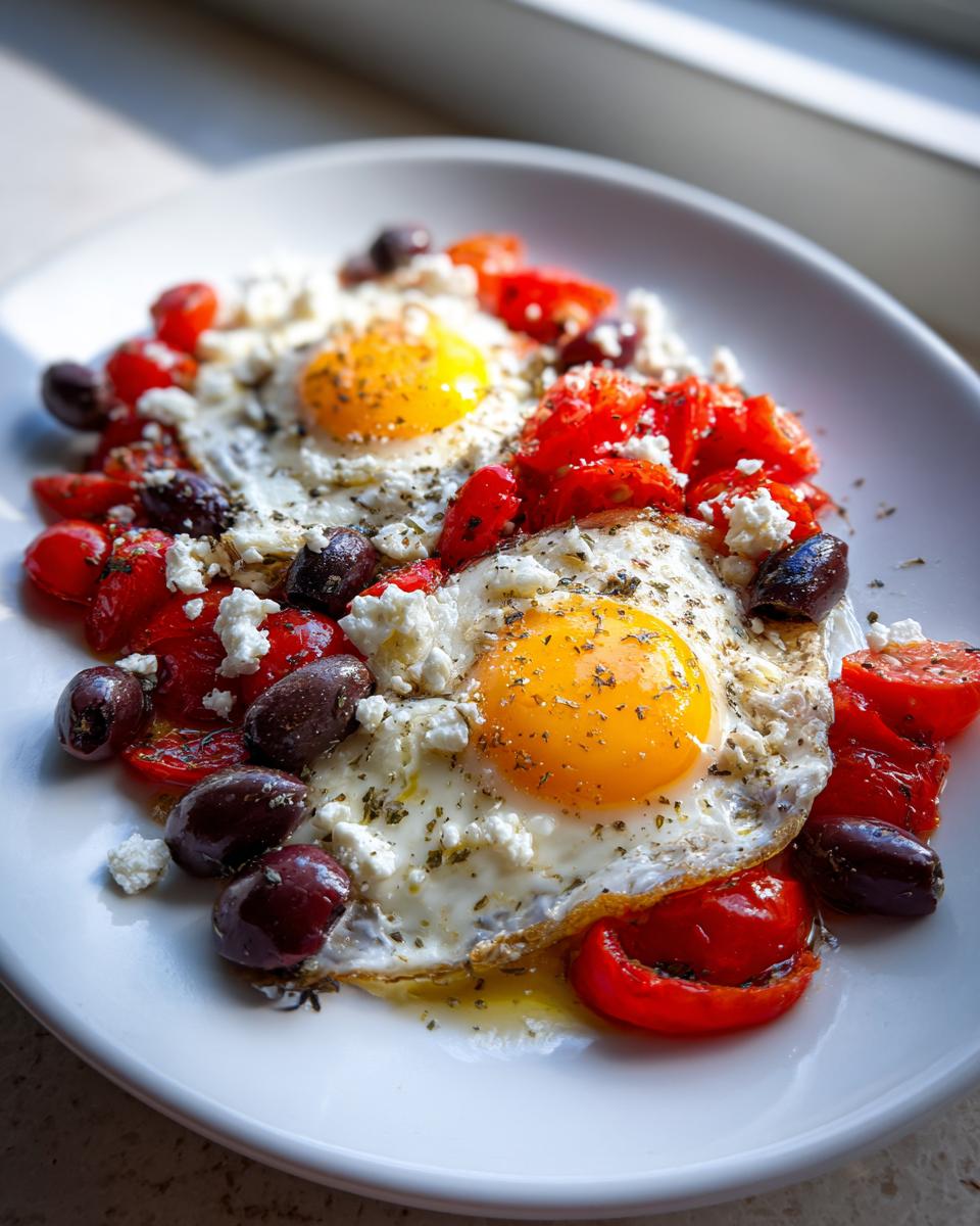 Two sunny-side-up Simple Breakfast Eggs with Mediterranean Flavors, topped with feta, olives, and tomatoes.