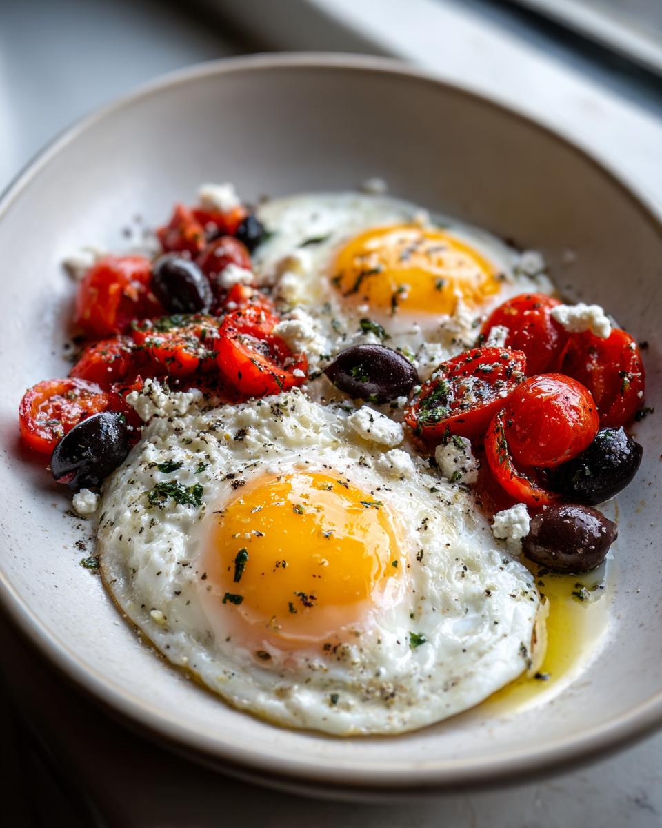 Two sunny-side-up Simple Breakfast Eggs with Mediterranean Flavors, topped with feta, olives, and tomatoes.