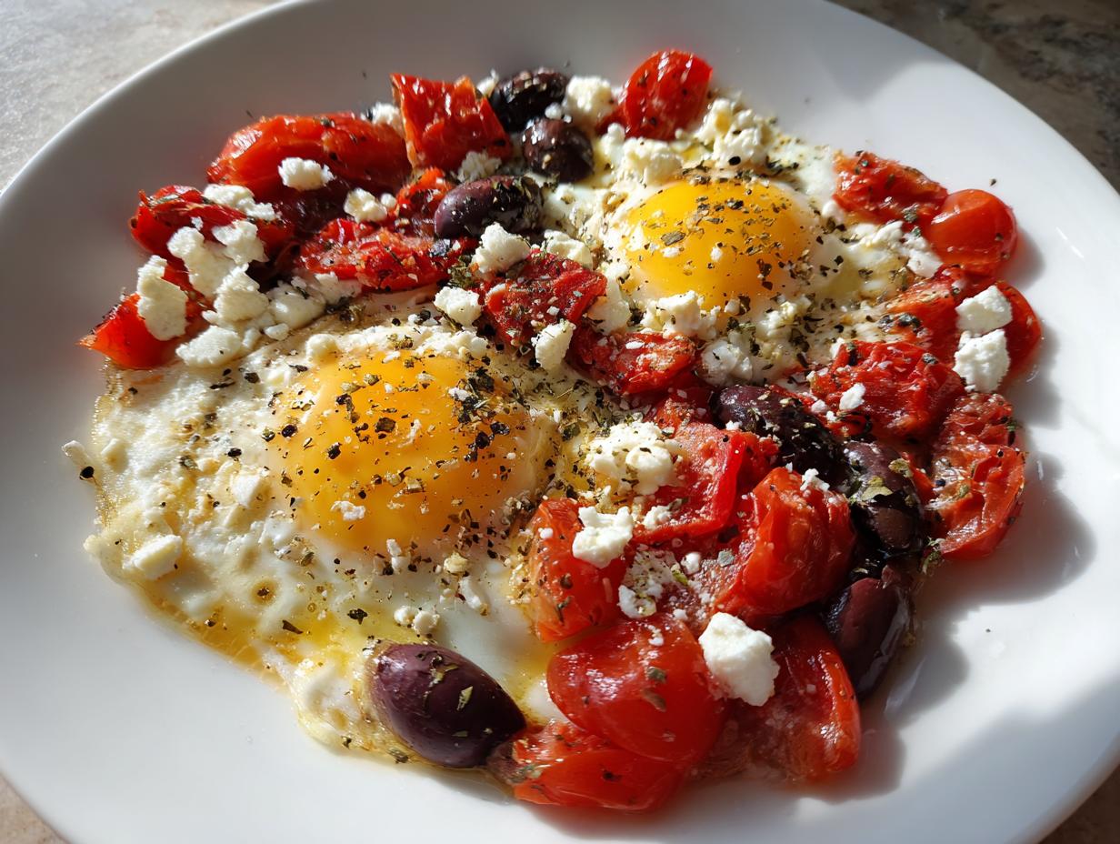 Two sunny-side-up Simple Breakfast Eggs with Mediterranean Flavors, topped with feta, tomatoes, and olives.