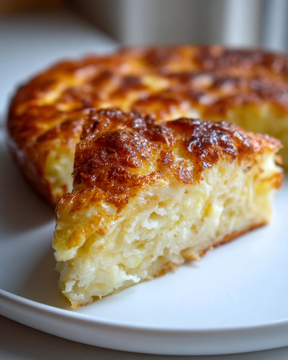 A close-up of a thick slice cut from a Family-Style Baked Pancake Breakfast, showing a fluffy interior and a deeply browned, bubbly top.