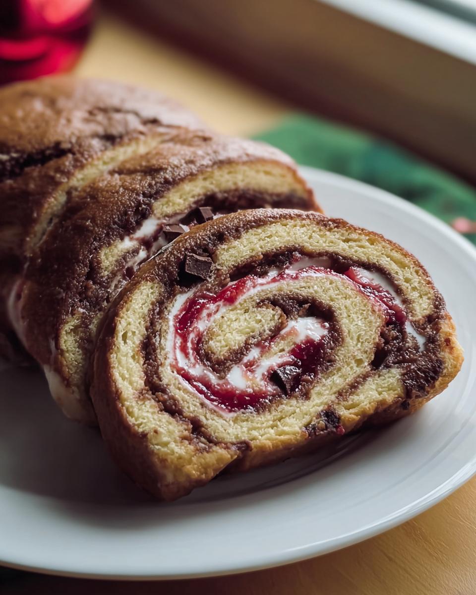 Close-up of sliced Cherry Chocolate Swirl Rolls showing the beautiful swirl of light dough, dark chocolate, and bright red cherry filling.