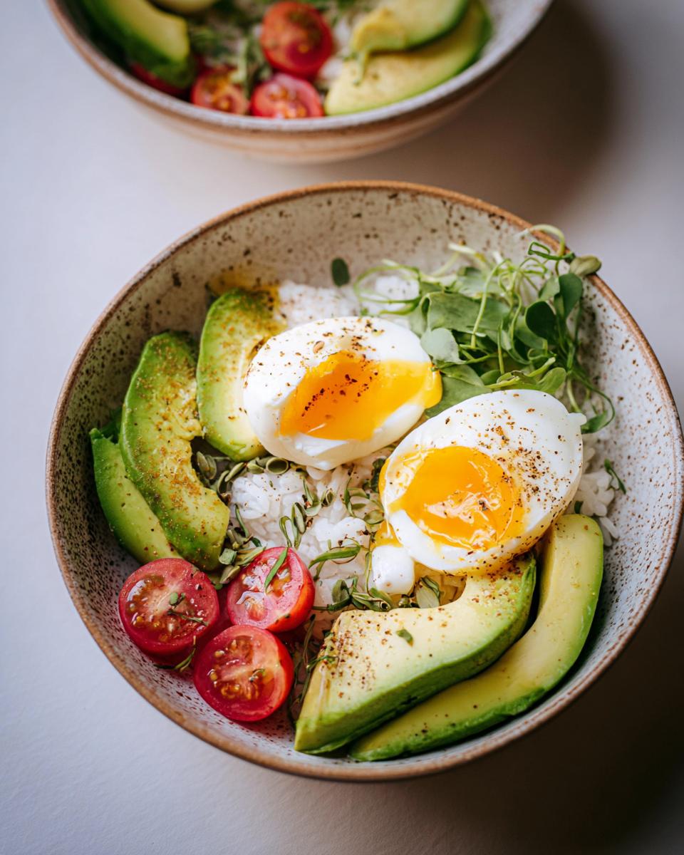 Close-up of a breakfast bowl featuring soft Boiled Eggs for Breakfast Bowls, avocado slices, and cherry tomatoes over rice.