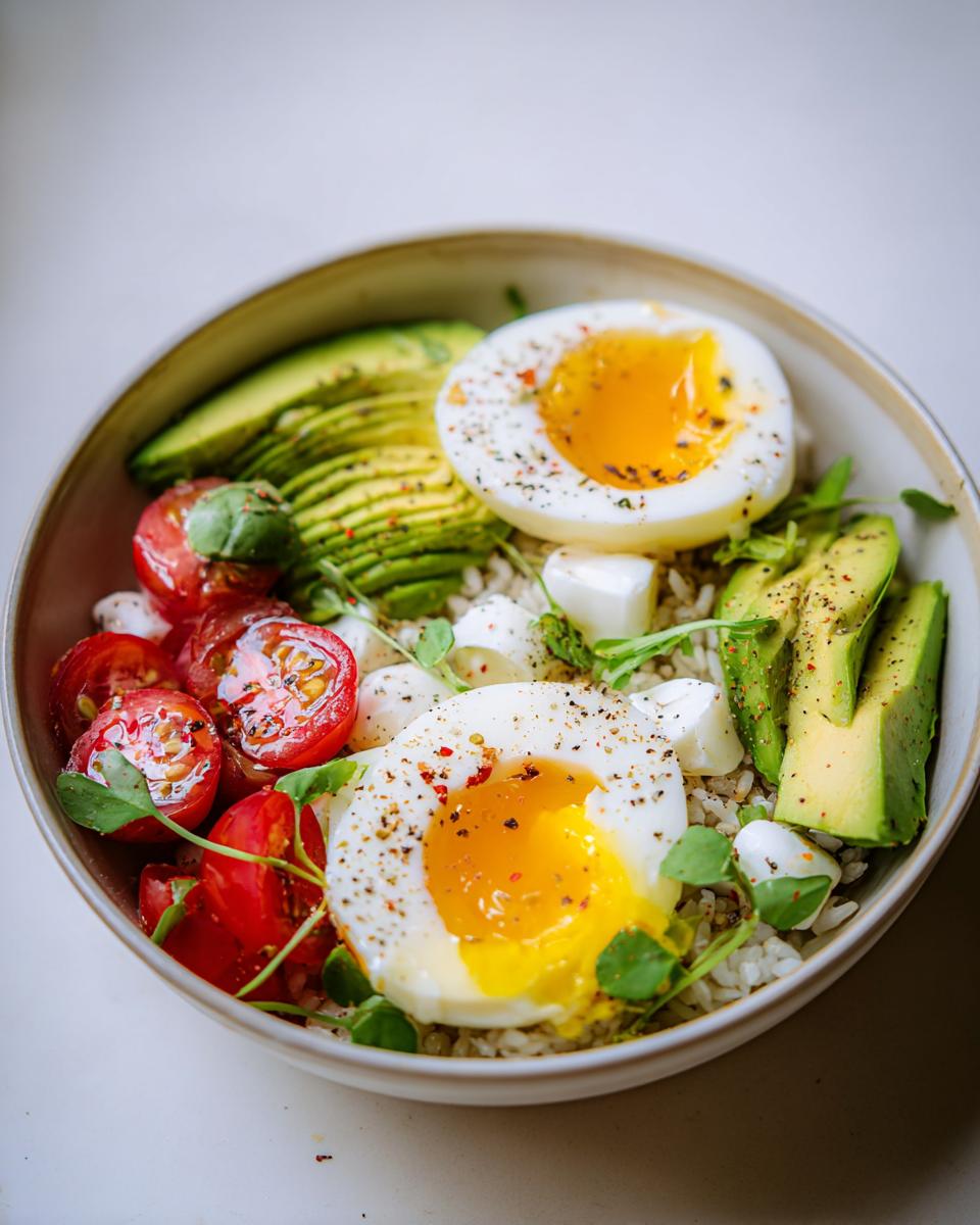 A breakfast bowl featuring soft Boiled Eggs for Breakfast Bowls, sliced avocado, cherry tomatoes, and mozzarella over rice.