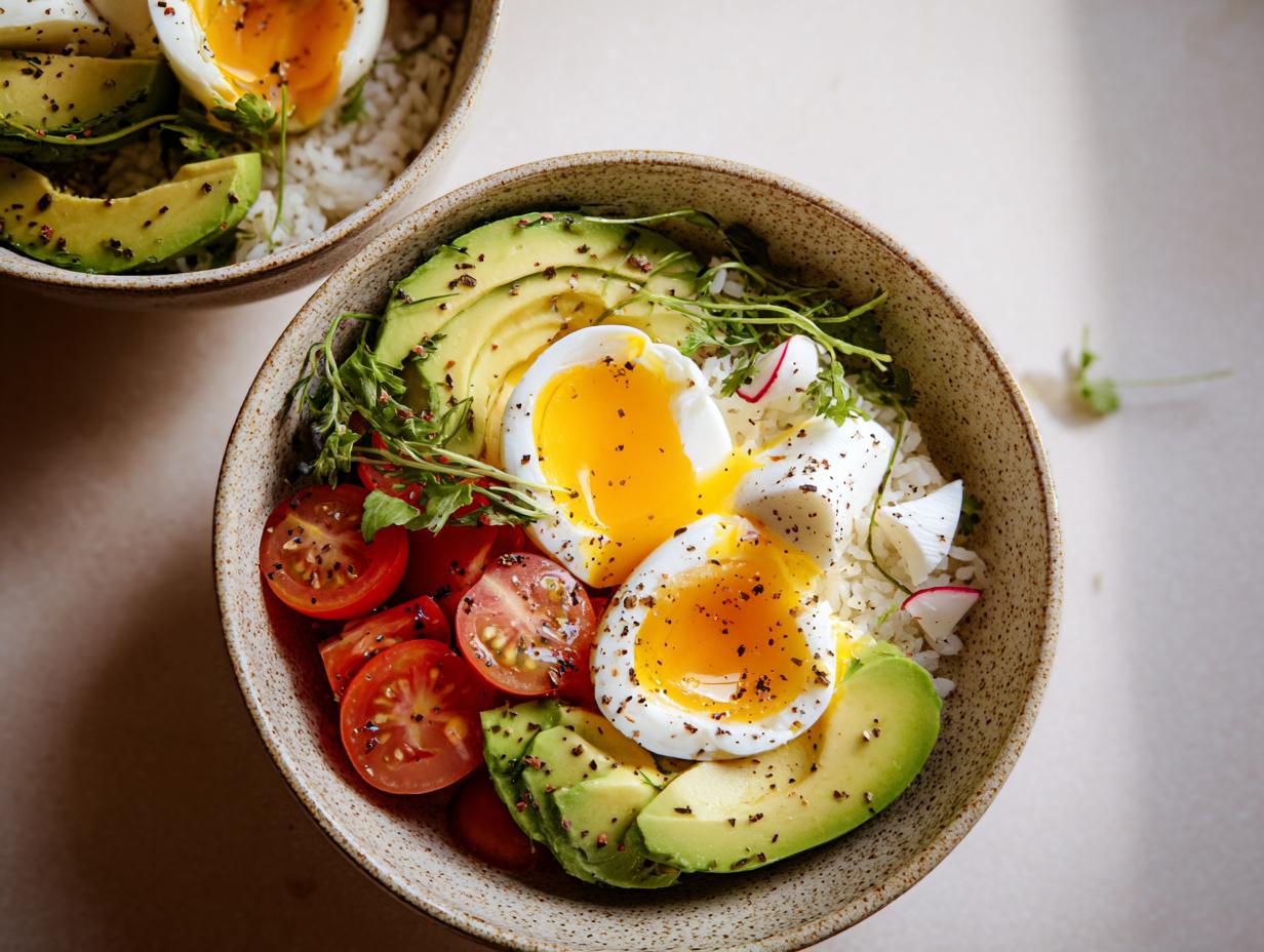 Close-up of a breakfast bowl featuring soft boiled eggs for breakfast bowls, sliced avocado, and tomatoes on rice.