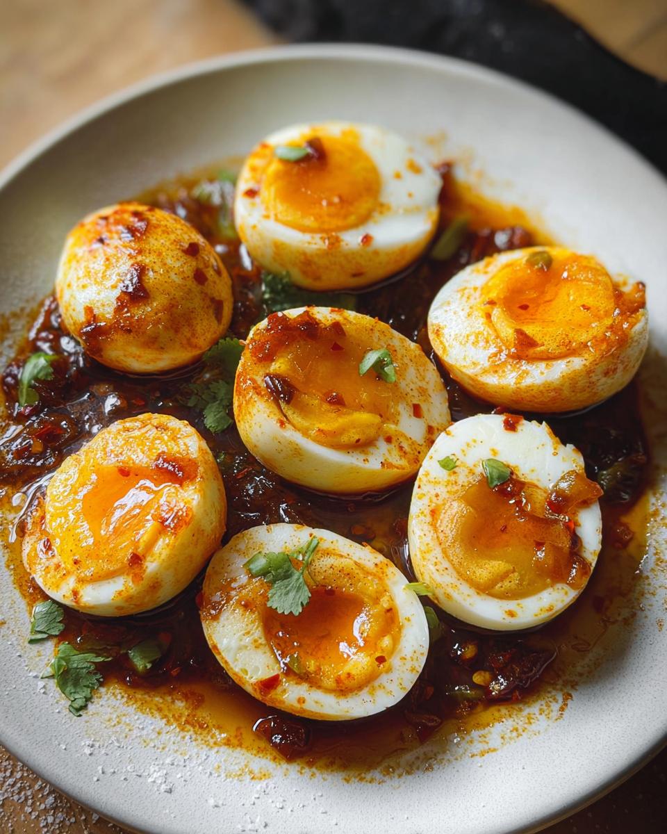 Six soft-boiled eggs, halved and drizzled with savory chili oil, served on a white plate.