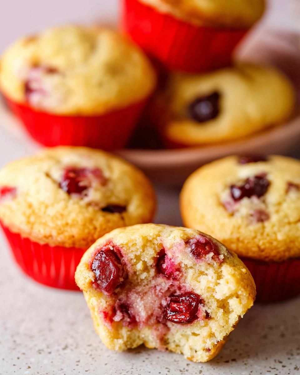 Close-up of a soft Cherry Yogurt Muffin, bitten open to show moist interior and whole cherries.