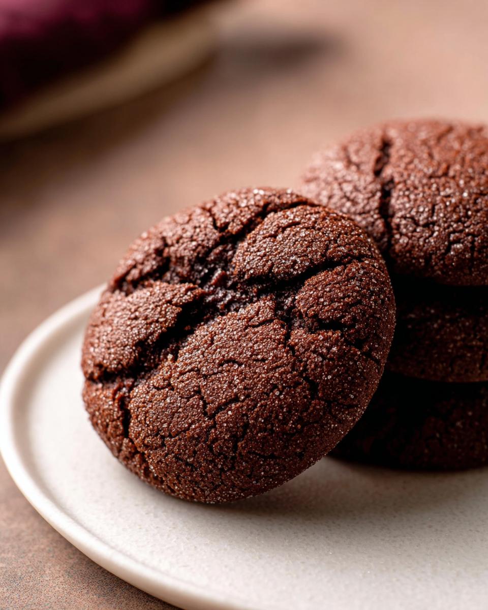 A close-up of two delicious Soft Chocolate Sugar Cookies, coated in sugar and showing a cracked, fudgy texture.
