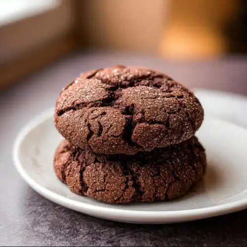 Close-up of two rich, dark Soft Chocolate Sugar Cookies stacked on a small white plate, coated in sparkling sugar.