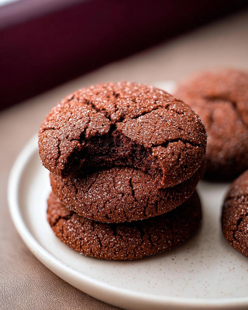 A stack of three soft chocolate sugar cookies, with the top cookie having a bite taken out, revealing the rich interior.