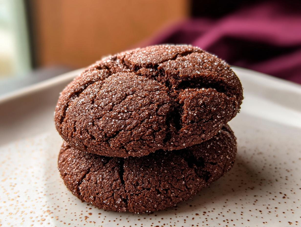 Close-up of two stacked Soft Chocolate Sugar Cookies, crinkled on top and coated generously with sparkling sugar.