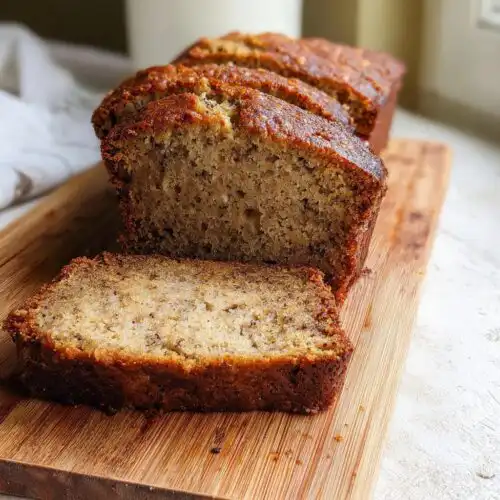 Close-up of a loaf of Soft & Moist Banana Bread, partially sliced on a wooden cutting board.