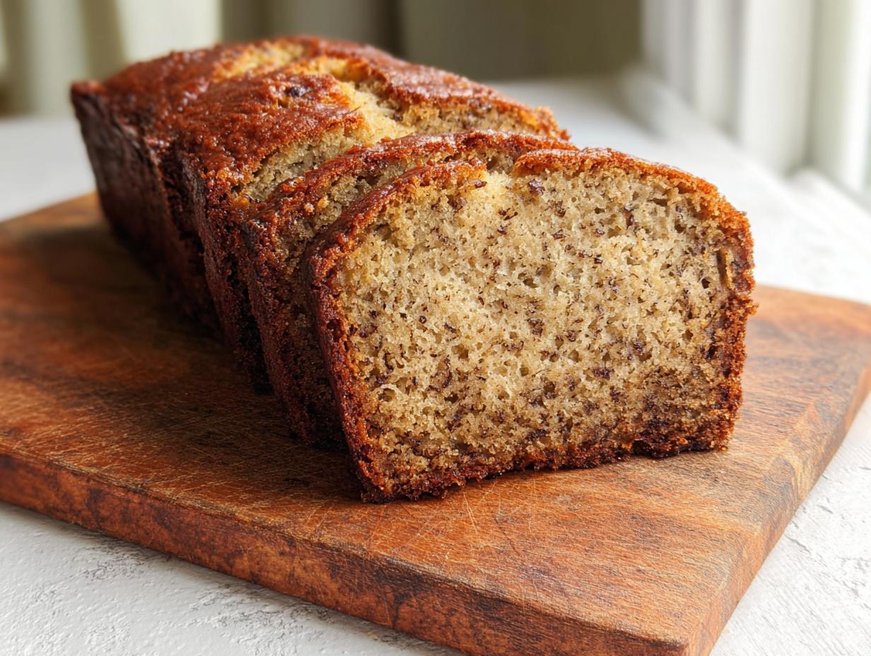 A loaf of freshly baked Soft & Moist Banana Bread, partially sliced, resting on a rustic wooden cutting board.