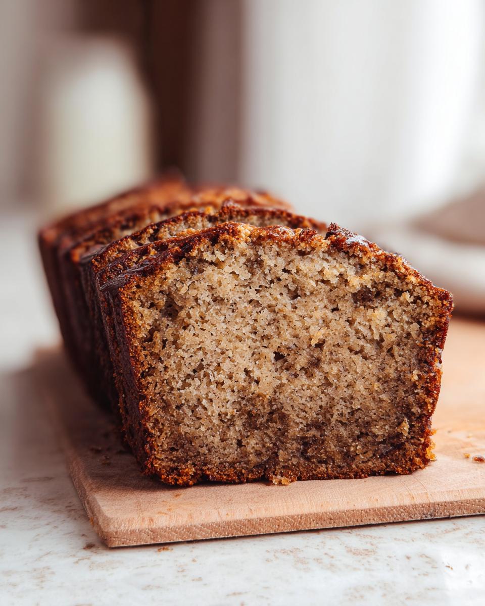 Close-up of several slices of Soft & Moist Banana Bread showing the moist, brown crumb texture.