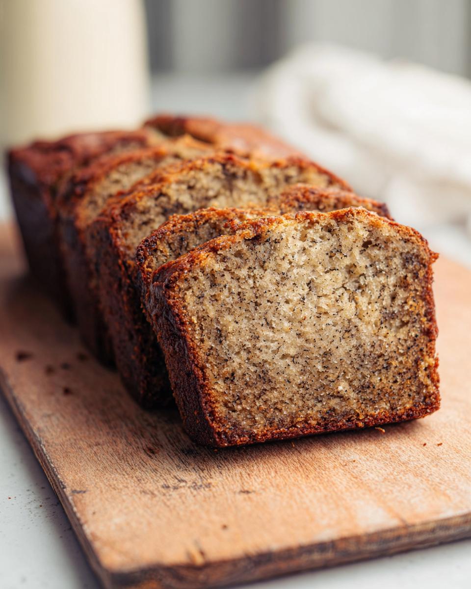 Close-up of several slices of Soft & Moist Banana Bread lined up on a wooden cutting board.