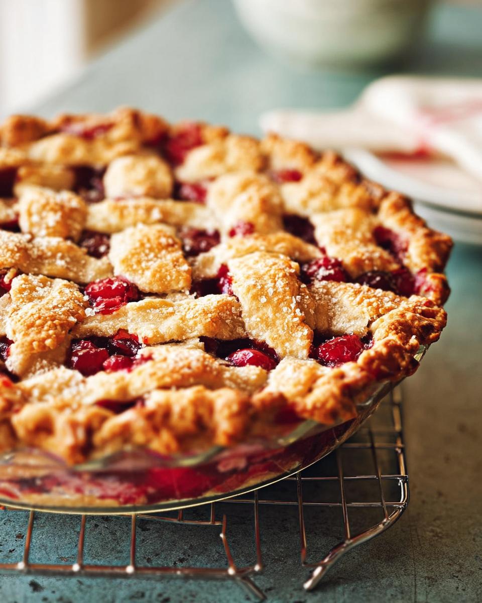 Close-up of a freshly baked Sour Cherry Almond Pie with a golden lattice crust sprinkled with sugar, cooling on a wire rack.