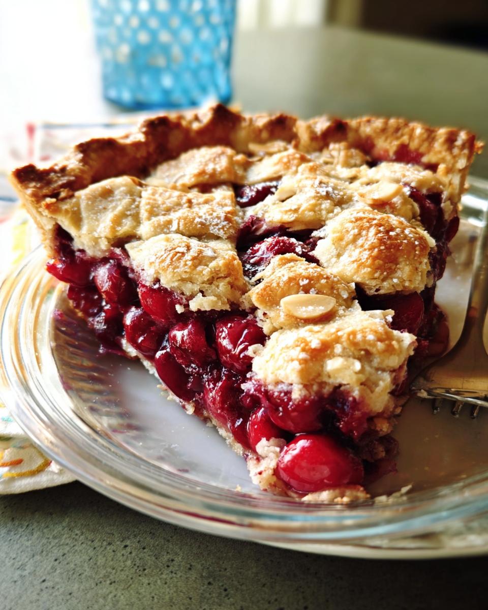 A close-up of a thick slice of Sour Cherry Almond Pie showing the bright red filling and lattice crust topped with almonds.