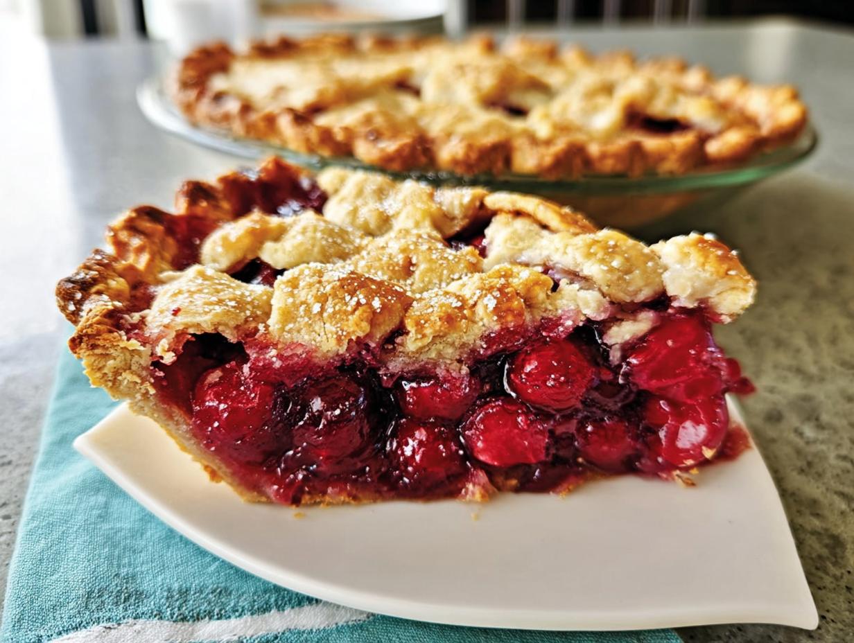 A close-up slice of Sour Cherry Almond Pie showing juicy filling and flaky crust, with the whole pie blurred in the background.