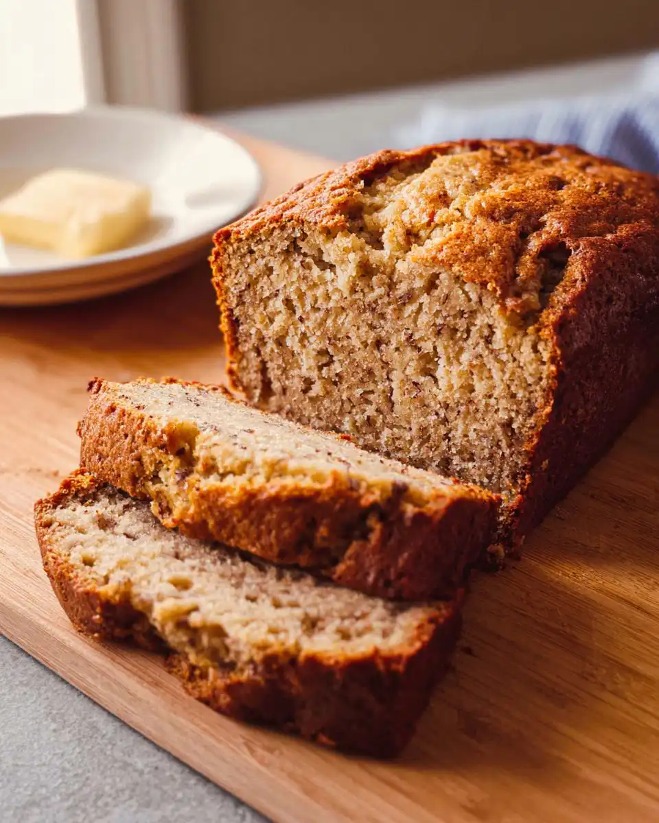 A freshly baked Sour Cream Banana Cake Loaf sliced on a wooden cutting board, with butter visible in the background.