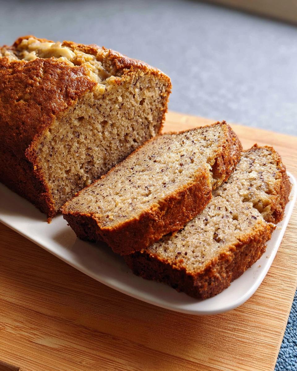 A freshly baked Sour Cream Banana Cake Loaf, partially sliced and served on a white platter on a wooden board.