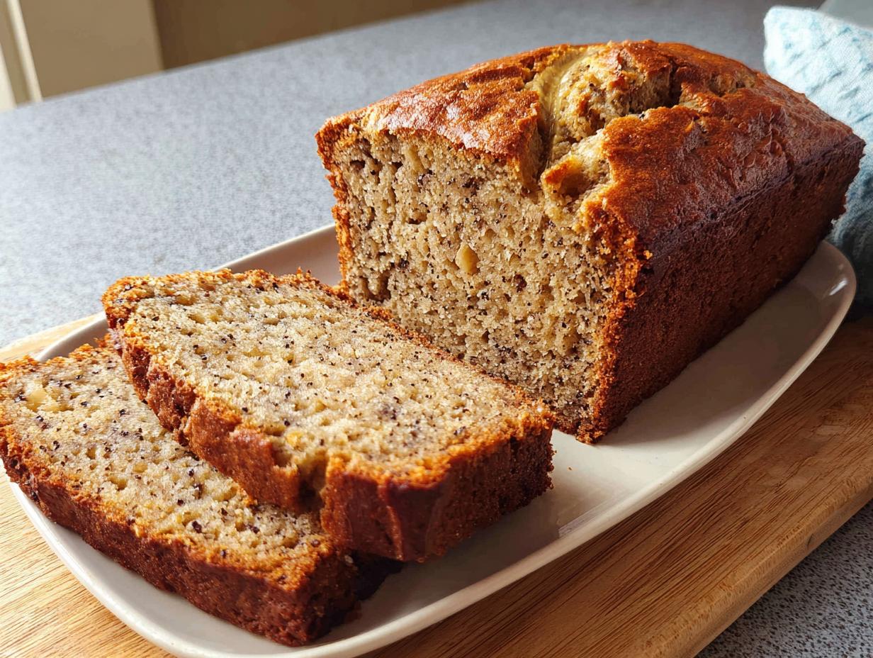 A golden-brown Sour Cream Banana Cake Loaf, partially sliced, resting on a white platter.