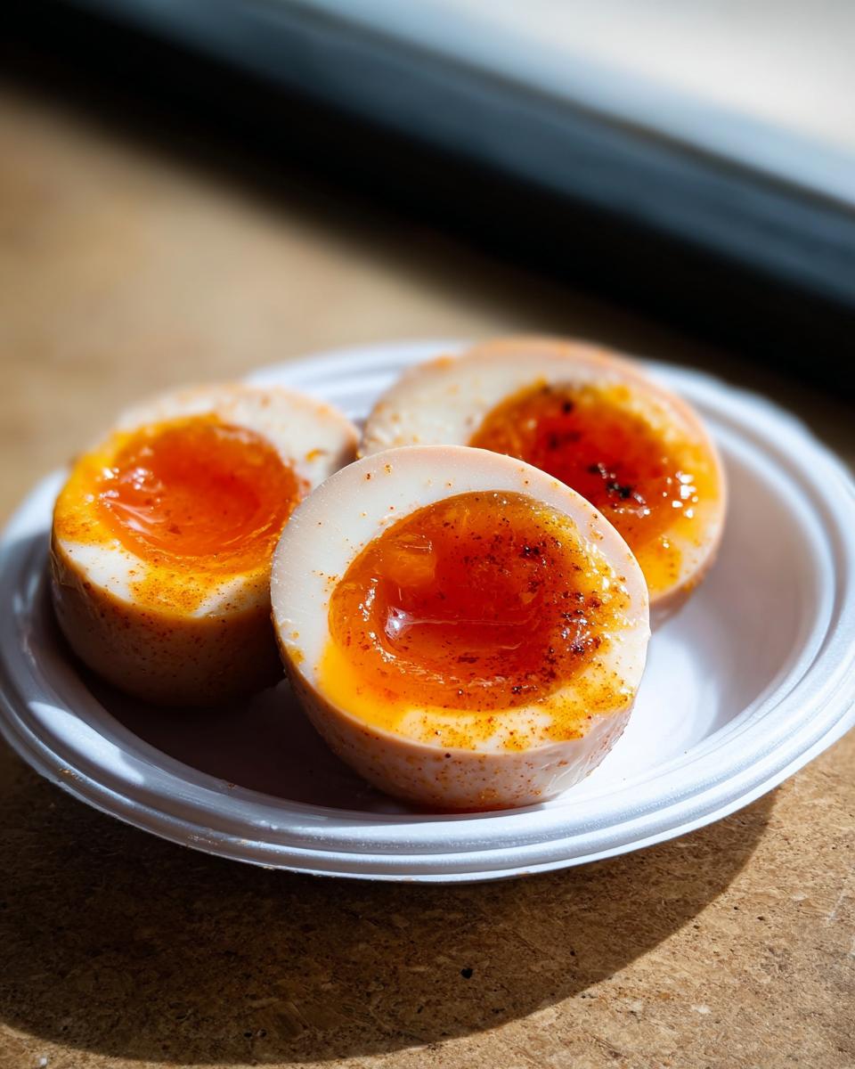 Three halves of soft-boiled Soy Sauce Boiled Eggs with jammy orange yolks, served on a small white plate.