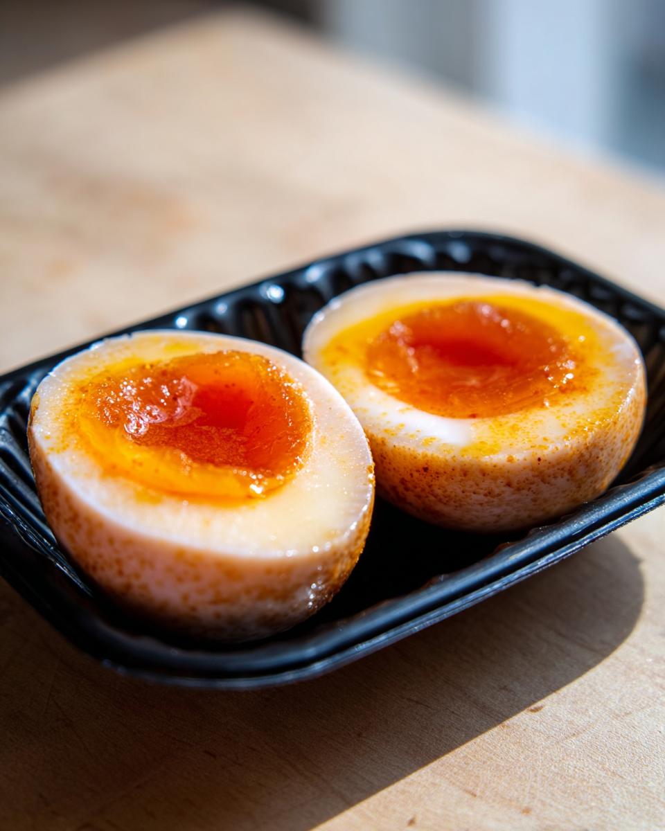 Two halves of soft-boiled Soy Sauce Boiled Eggs with jammy, bright orange yolks, resting in a black container.
