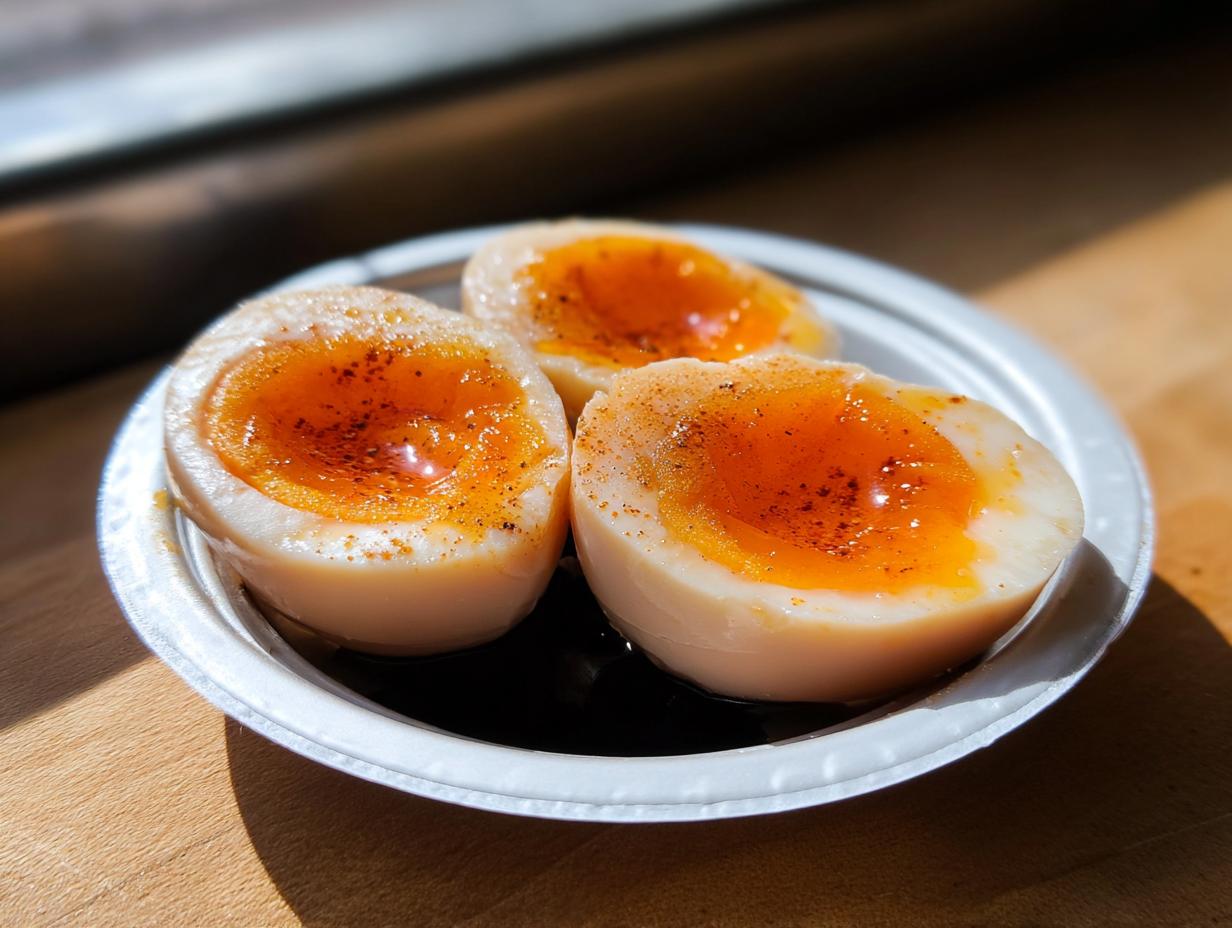 Three halves of soft-boiled Soy Sauce Boiled Eggs with jammy orange yolks, sitting in dark marinade.