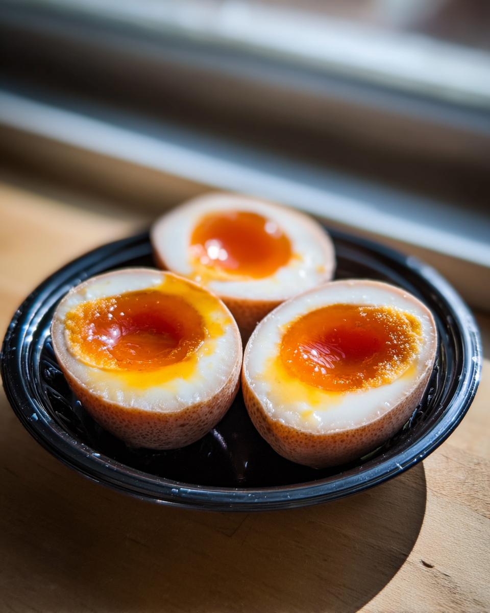 Three halves of Soy Sauce Boiled Eggs showing bright orange, jammy yolks, served on a small black plate.