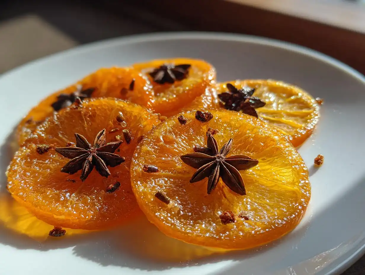 Close-up of glistening Spiced Candied Orange Slices garnished with whole star anise and cloves.