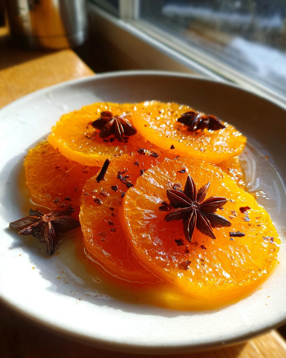 Close-up of bright orange Spiced Candied Orange Slices garnished with whole star anise.