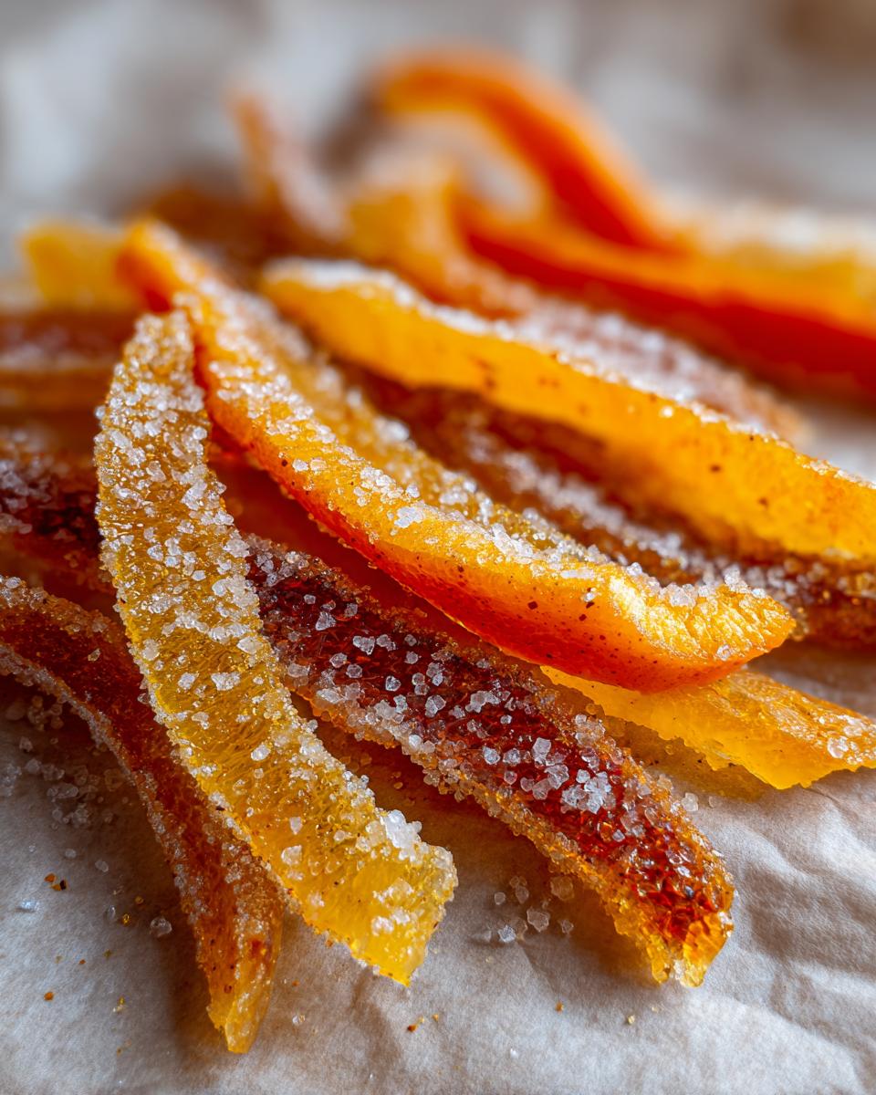 Close-up of bright orange, candied strips of Spiced Mixed Peel for Baking, heavily coated in coarse sugar crystals.