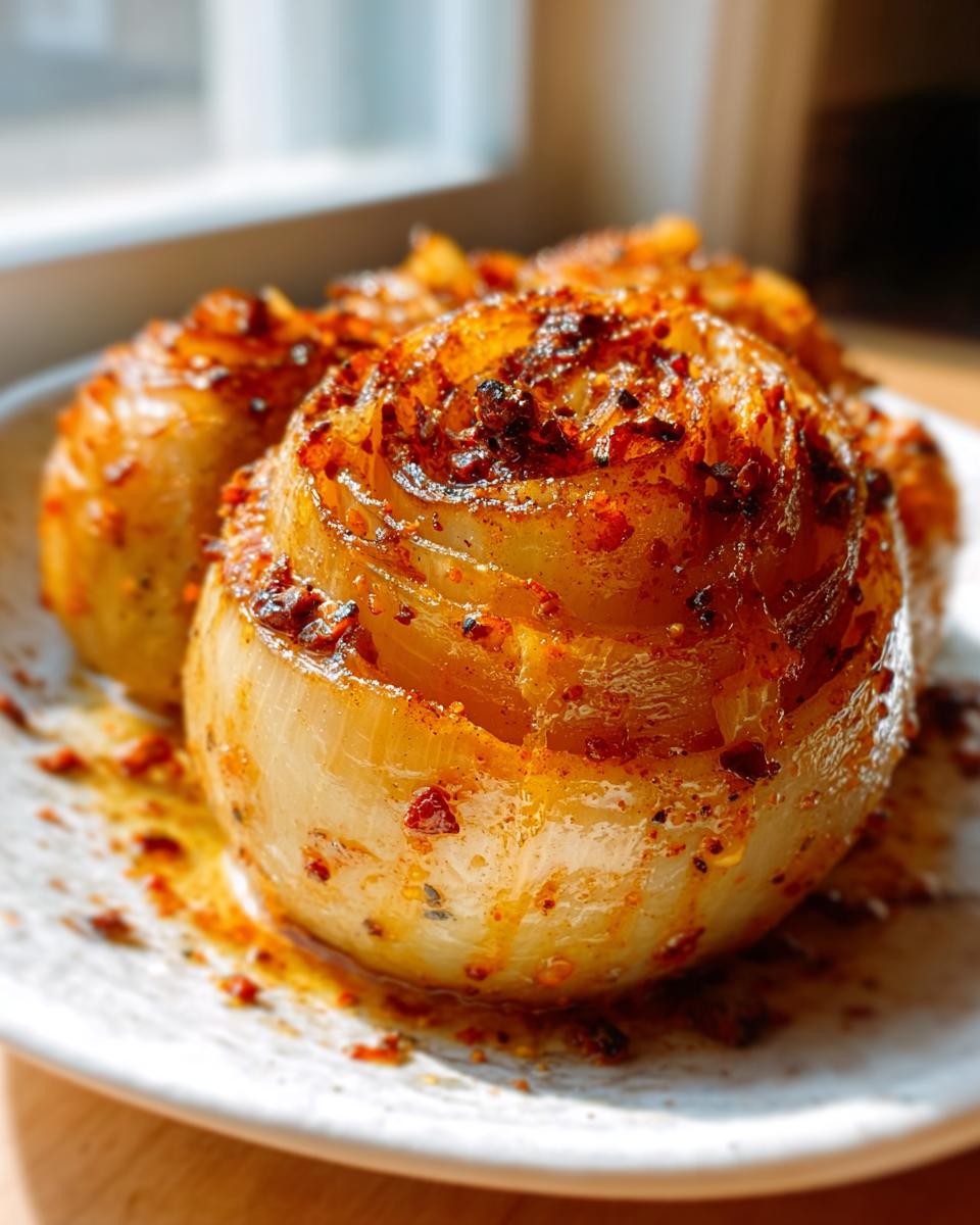 Close-up of a tender, whole onion prepared for a Spicy Cajun Onion Boil, coated in spices and glistening with liquid.