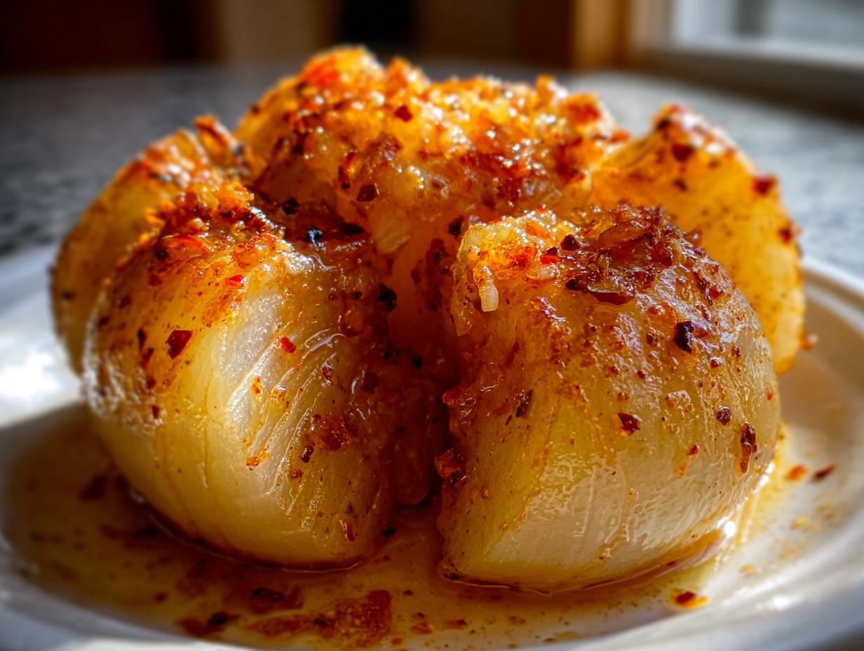 Close-up of a whole onion cut like a flower, seasoned heavily for a Spicy Cajun Onion Boil.