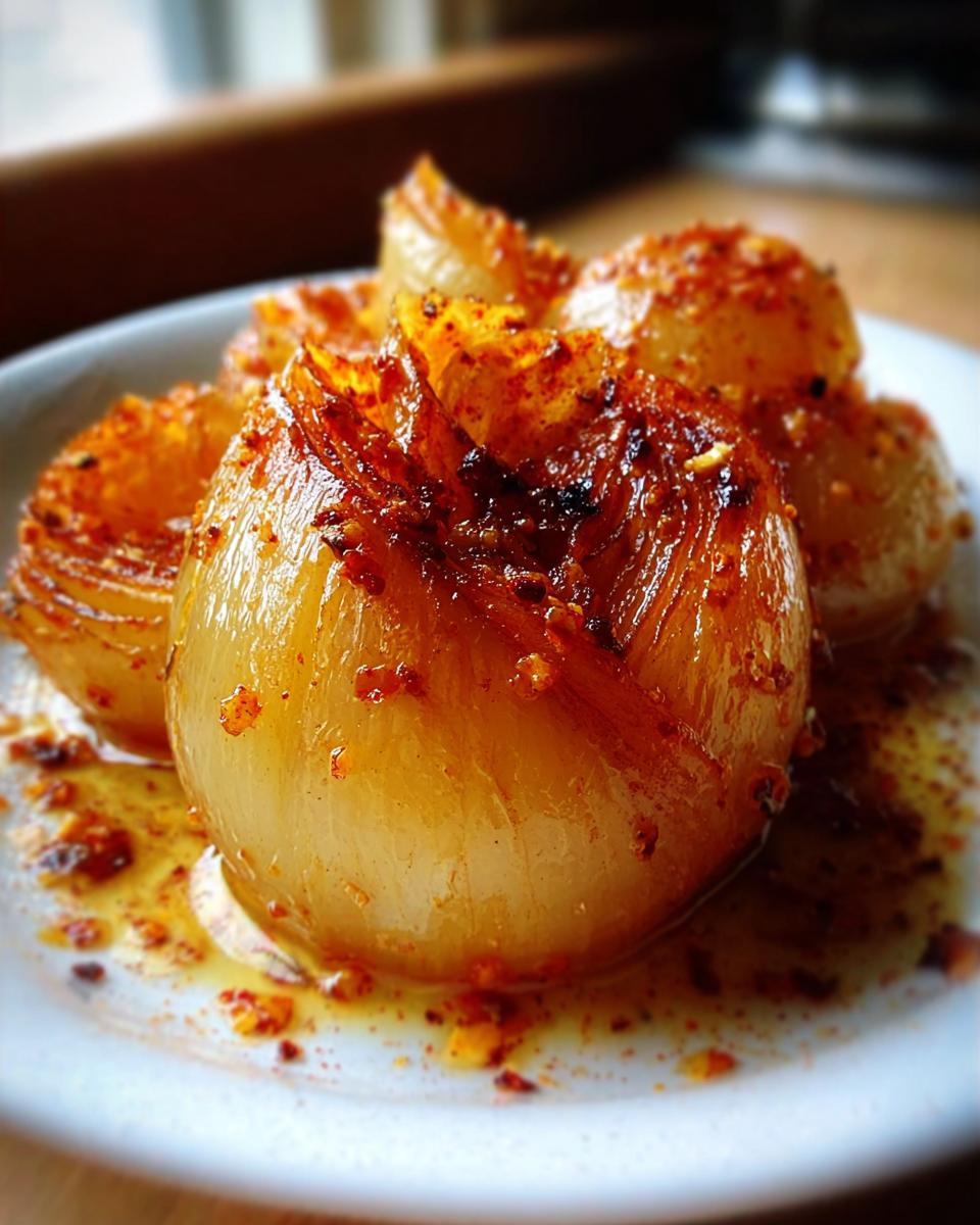 Close-up of tender, whole onions cooked in a rich, spicy liquid for a Spicy Cajun Onion Boil.