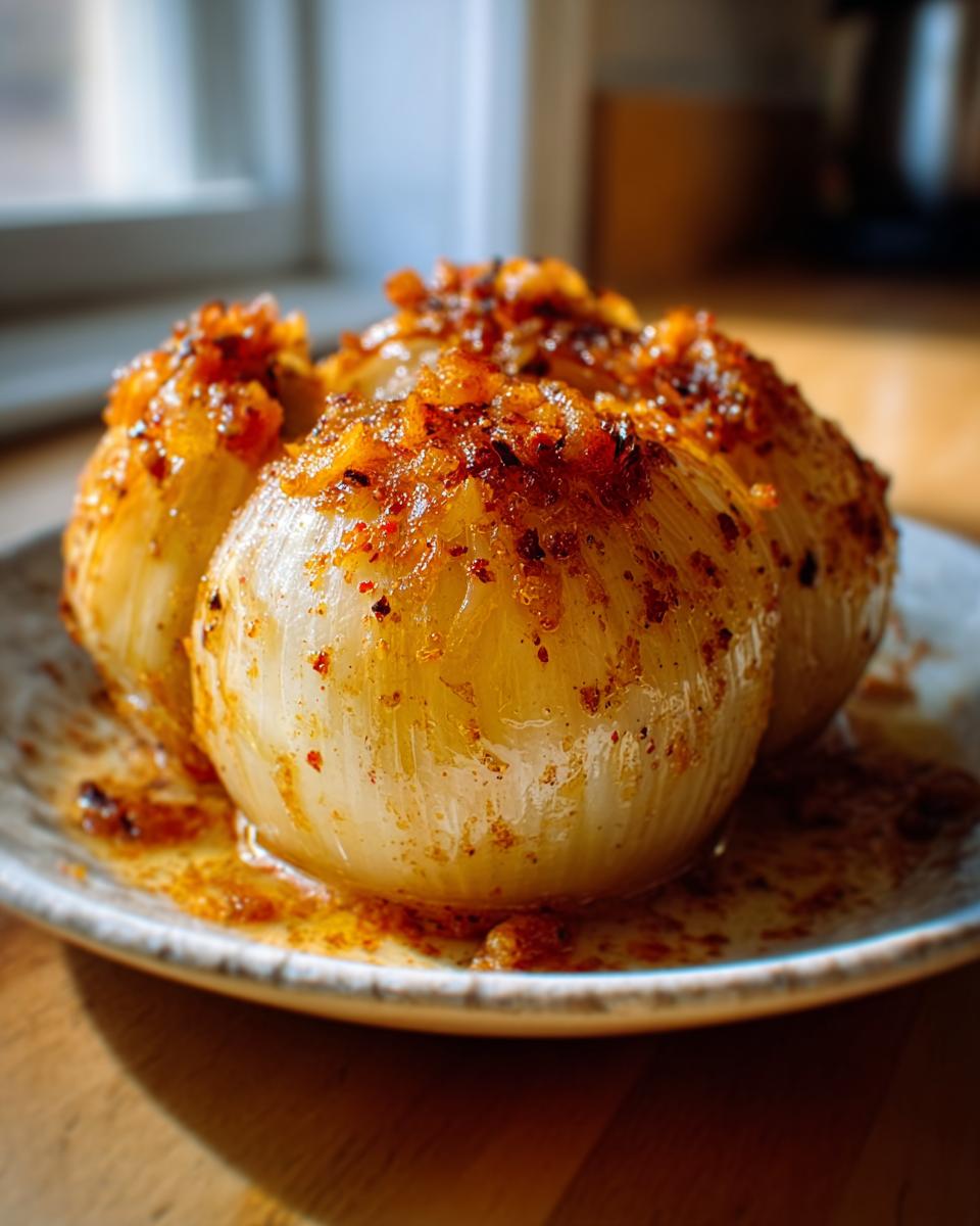 Close-up of tender boiled onions topped with a rich, spicy Cajun seasoning mix for Spicy Cajun Onion Boil.