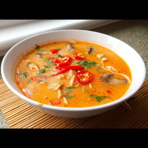 A vibrant bowl of Spicy Thai Red Curry Soup Extra Chili, topped with sliced red chilies and mushrooms.