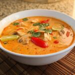 A vibrant bowl of Spicy Thai Red Curry Soup Extra Chili garnished with lime, mushrooms, and cilantro.