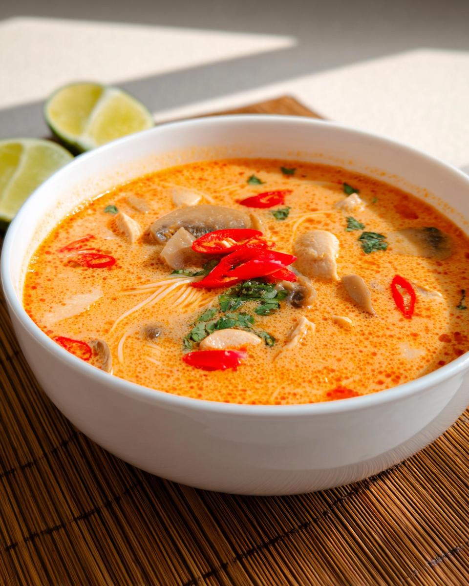 Close-up of a white bowl filled with Spicy Thai Red Curry Soup Extra Chili, garnished with red chilies and lime wedges nearby.