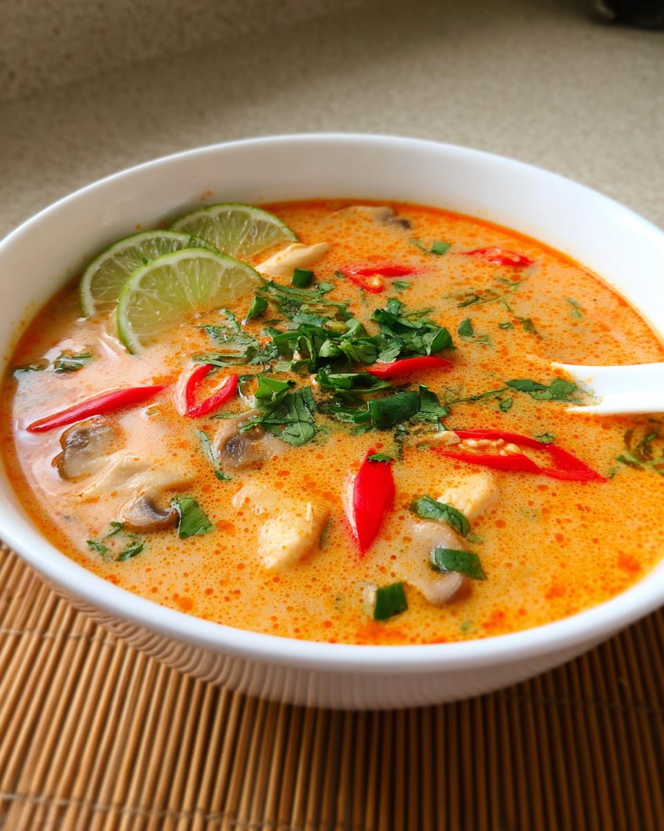 Close-up of a vibrant bowl of Spicy Thai Red Curry Soup Extra Chili, garnished with lime slices and red chilies.