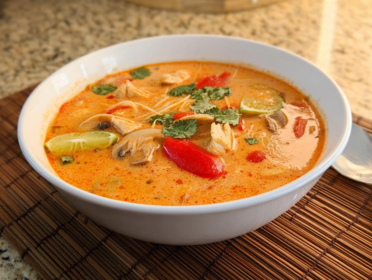 A vibrant bowl of Spicy Thai Red Curry Soup Extra Chili garnished with lime, mushrooms, and cilantro.