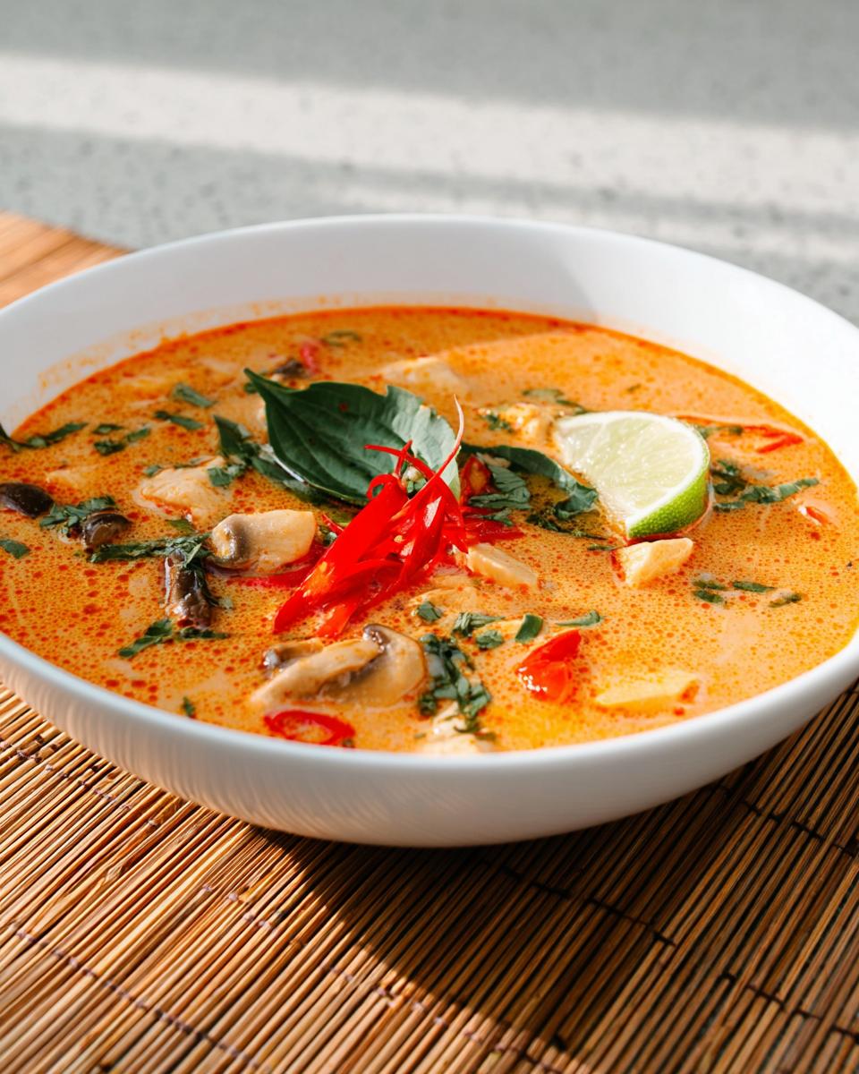 Close-up of Spicy Thai Red Curry Soup Extra Chili, garnished with red chilies, lime, and basil.