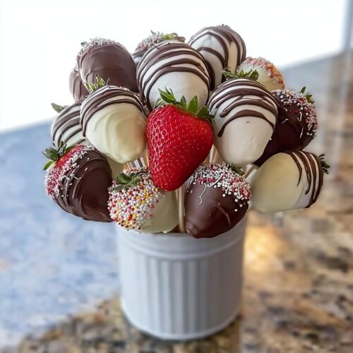 A bouquet of chocolate-dipped strawberries and marshmallows on sticks, featuring milk, white chocolate, and sprinkles.