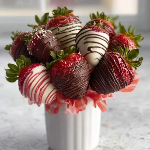 A beautiful Strawberry Bouquet with Dark Chocolate Drizzle, featuring strawberries dipped in dark and white chocolate.