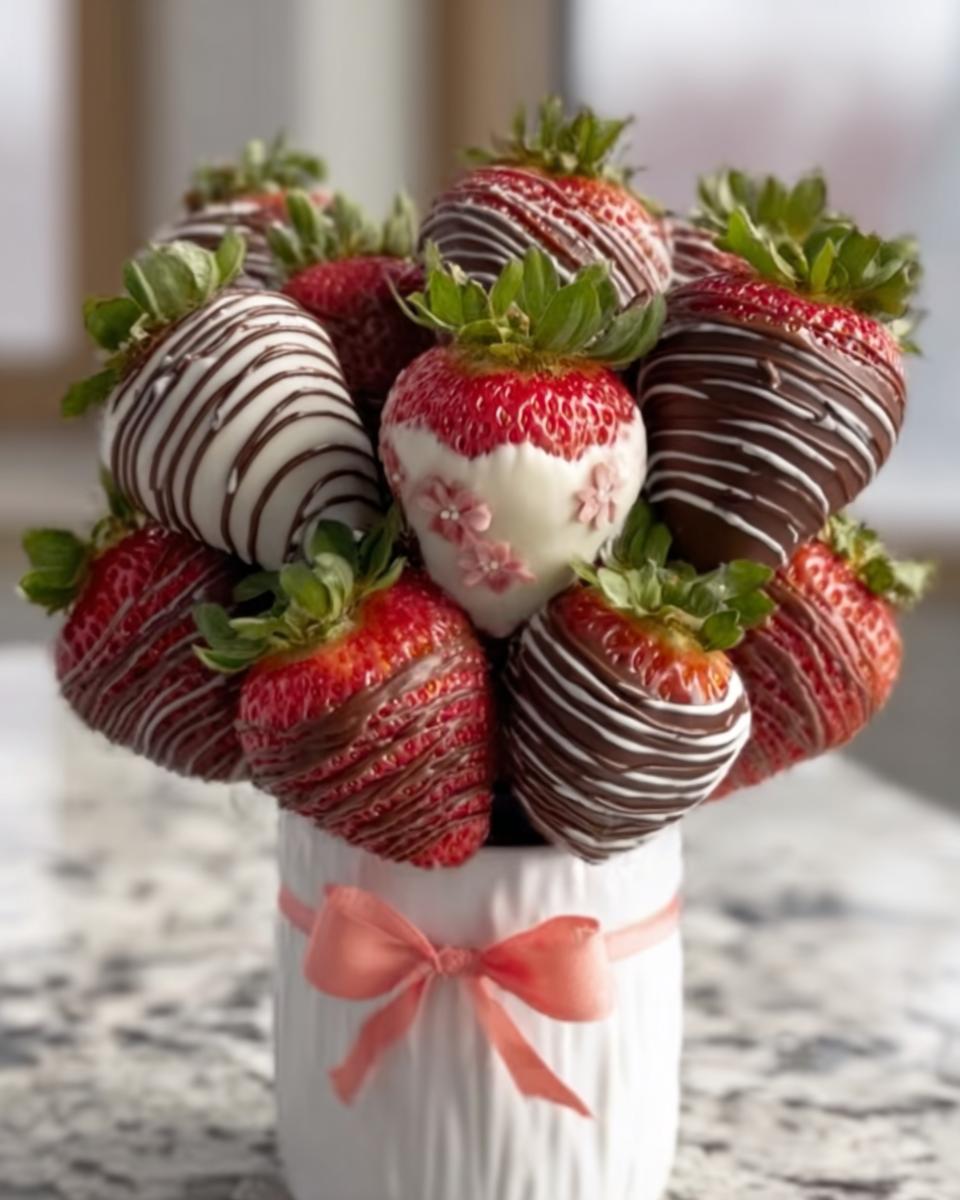 A beautiful Strawberry Bouquet with Dark Chocolate Drizzle, featuring strawberries dipped in dark and white chocolate, presented in a white vase.