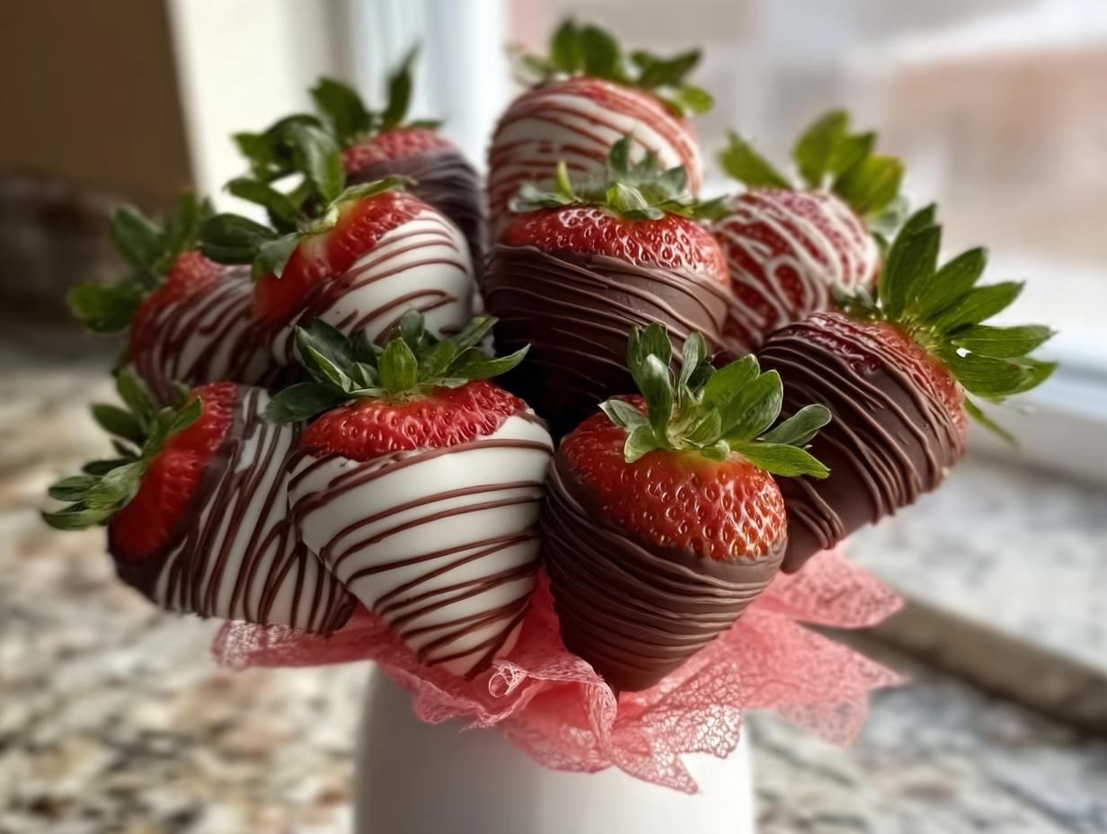 A beautiful bouquet of fresh strawberries dipped in dark and white chocolate, featuring a dark chocolate drizzle.