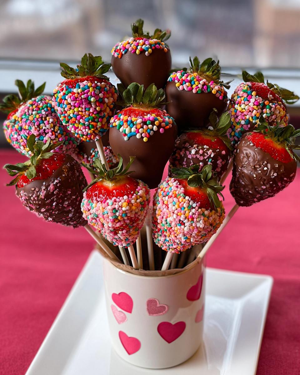 A bouquet of chocolate-dipped strawberries decorated with colorful sprinkles and hearts, ready for serving.