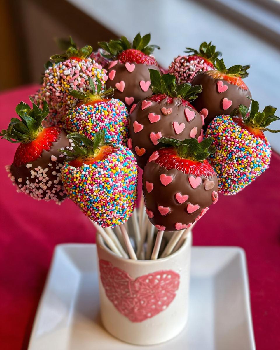 A bouquet of chocolate-dipped strawberries decorated with colorful sprinkles and pink hearts, perfect for a Strawberry Bouquet with Sprinkles and Hearts.