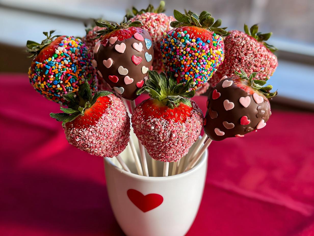 A bouquet of chocolate-dipped strawberries decorated with colorful sprinkles and pink heart candies, ready for presentation.