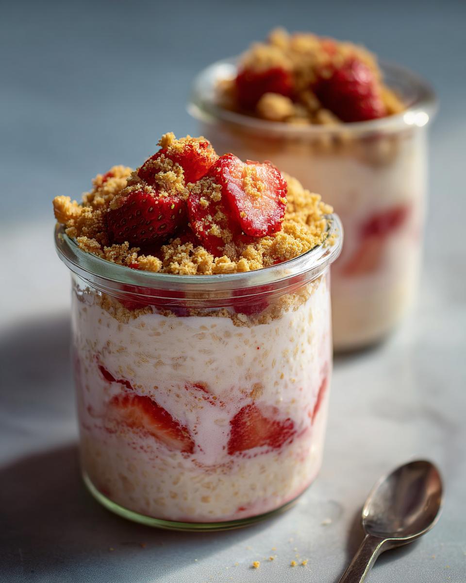 Close-up of Strawberry Cheesecake Overnight Oats with graham crumbs and fresh strawberries in a glass jar.